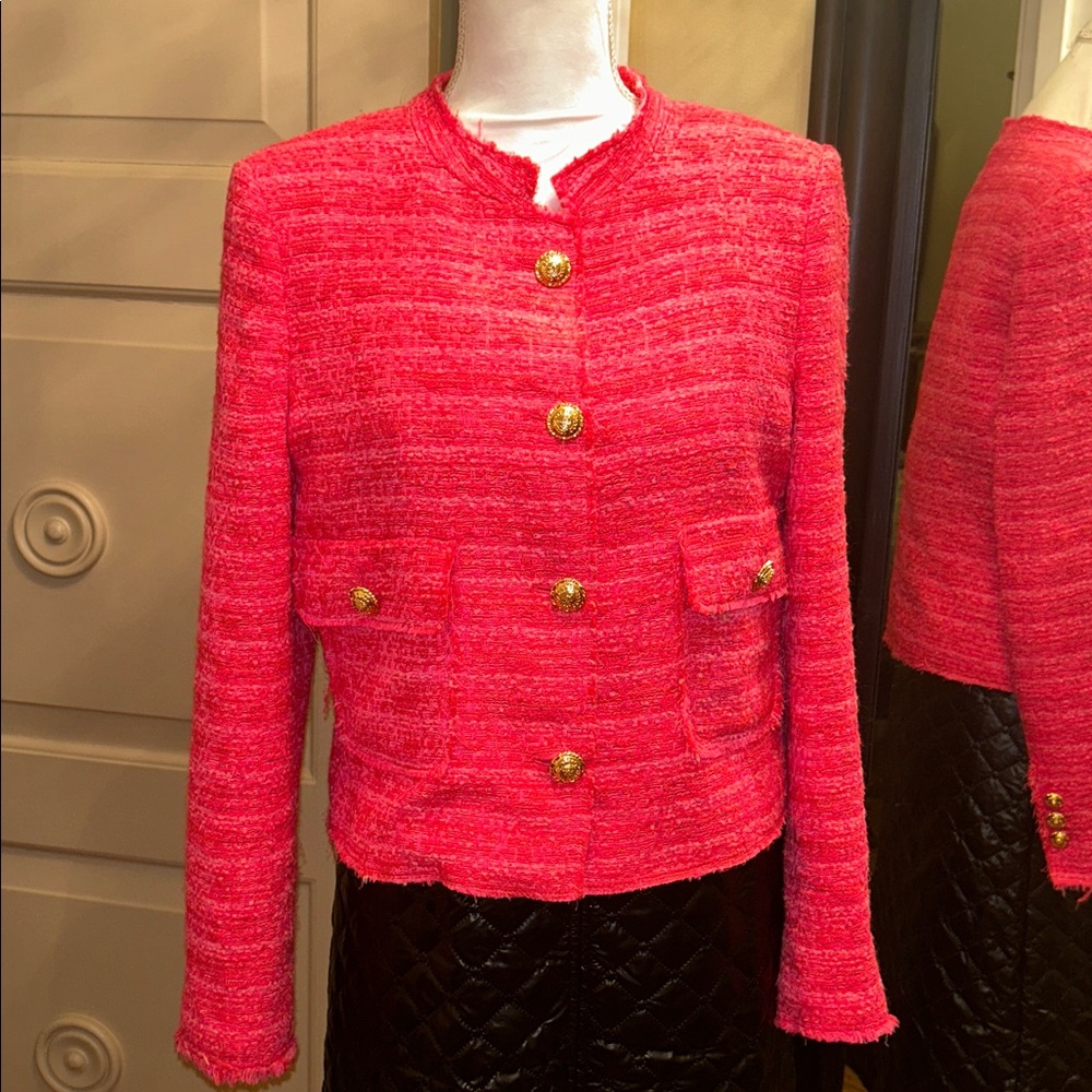 RARE! ZARA sz M Women's Pink Tweed Jacket Chanel style decorative buttons lined